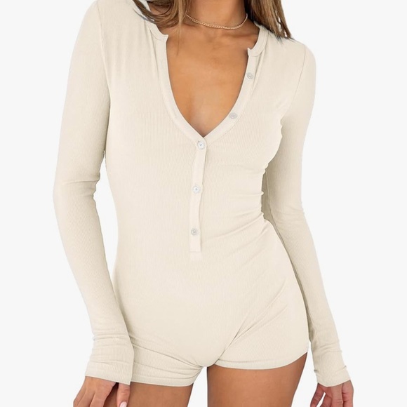 Ivory romper bodysuit shorts henley top jumper sexy lingerie pajamas pjs lounge